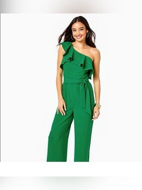 Lilly Pulitzer Lyra One Shoulder Jumpsuit Green NWT Size 10 Tie Waist Ruffle
